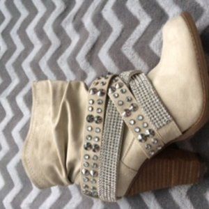 ankle boots, sparkly, tan